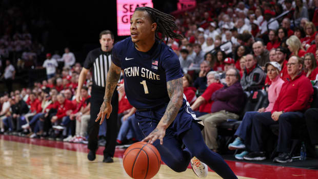 Penn State guard Ace Baldwin Jr. drives to the basket against Rutgers in a Big Ten men's basketball game.